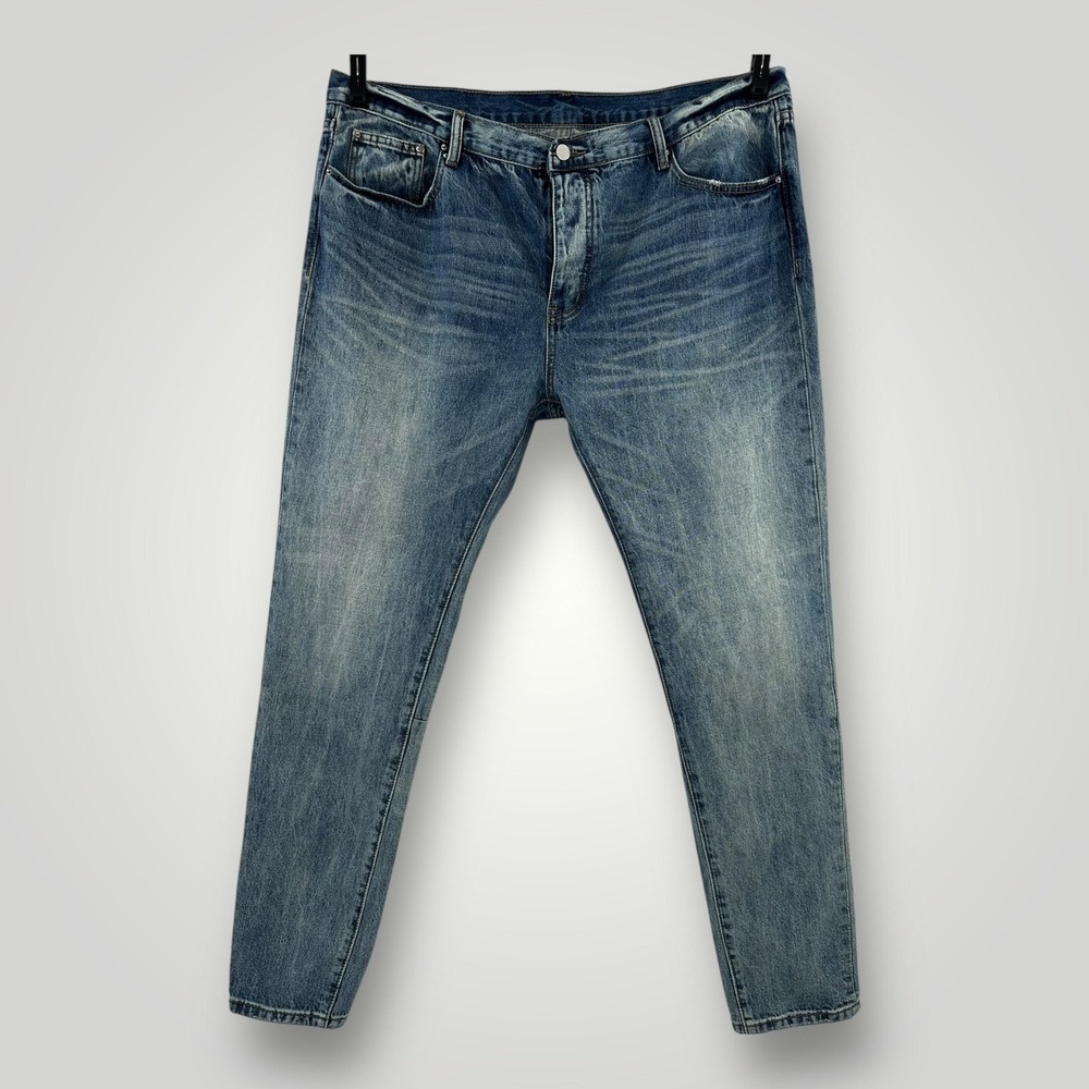Mnml Jeans Mens 42 (43x34) Blue Medium Wash Tapered‎ Leg Button Fly Faded Denim